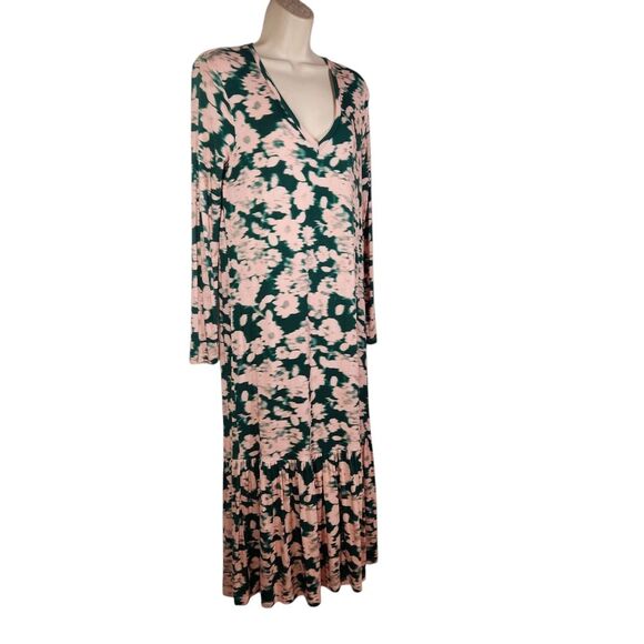 Saint + Sofia Dress Watercolor Midi Floral Green Pink Long Sleeve Stretch Knit 4 - Picture 7 of 13